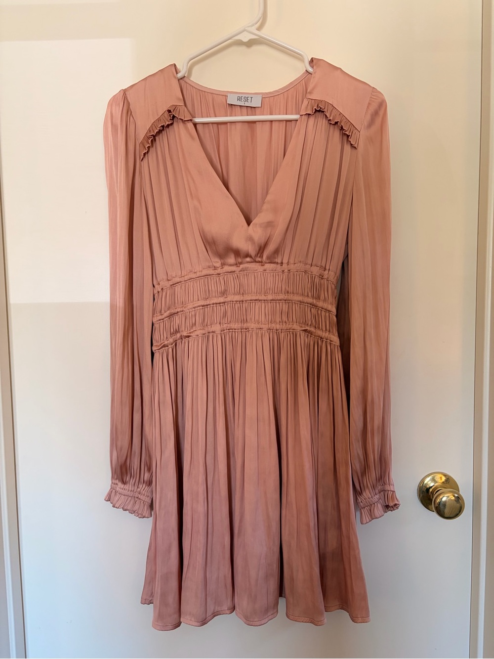 ✨ RESET by Jane Long-Sleeve Pleated Tiered Mini Dress Blush Pink